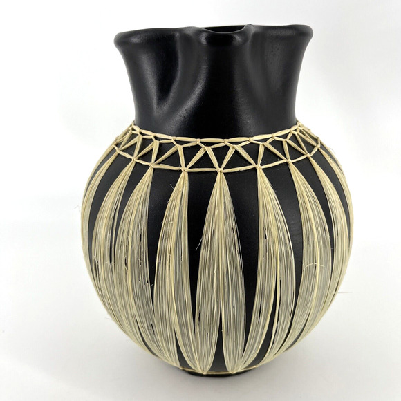 Vintage GMUNDNER KERAMIK Black Stoneware Pitcher Wrapped in Raffia Tribal - Picture 4 of 16